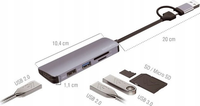 Hub USB 4smarts 5 në 1, 3x USB-A, lexues SD microSD, gri