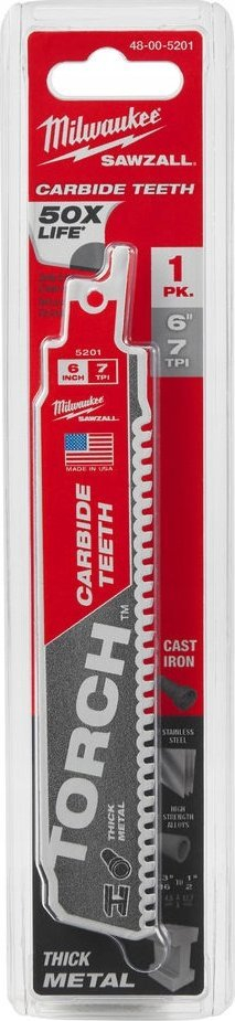Teh sharre reciproke Milwaukee TORCH dhëmbë karbiti, 6", për hekur të trashë, set 5 copë, i kuq