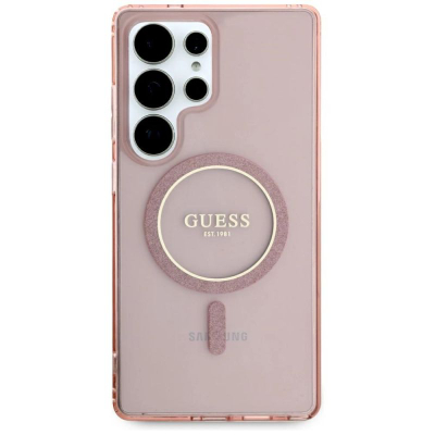 Kapotë telefoni Guess Glitter Circle Classic Logo MagSafe për Samsung Galaxy S25 Ultra, TPU PC, rozë me shkëlqim