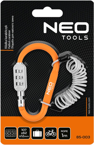 Karabinë me dry NEO Tools 85-003, kod trefish, kabllo çeliku 1m, portokalli