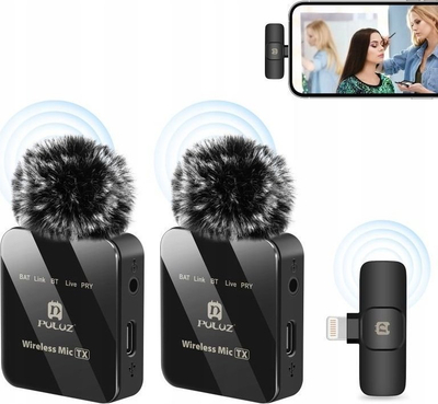 Mikrofon lavalier Puluz PU647B, 2x wireless, për iPhone me Lightning, i zi