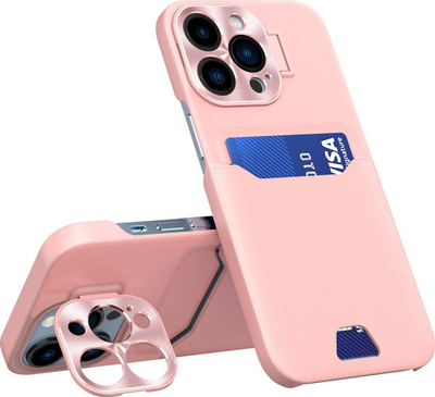 Kapak telefoni Hurtel Leather Stand Case për iPhone 14 Pro Max, me xhep karte, me mbajtëse, rozë