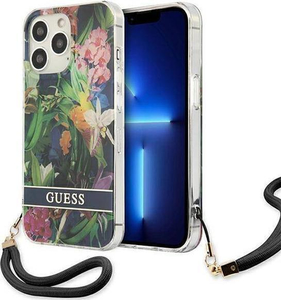 Mbështjellës telefoni Guess për iPhone 13 Pro Max 6.7", motiv lulesh, me rrip dore, shumëngjyrësh