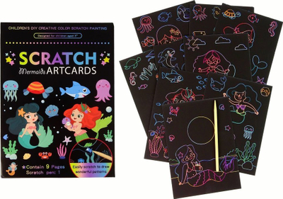 Libër kreativ Scratch Mermaids Artcards, 9 faqe, me shkop druri, shumëngjyrësh