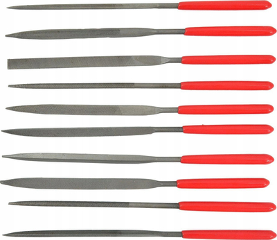 Set lima të holla për hekur, 10 copë, 140mm, doreza plastike, të kuqe