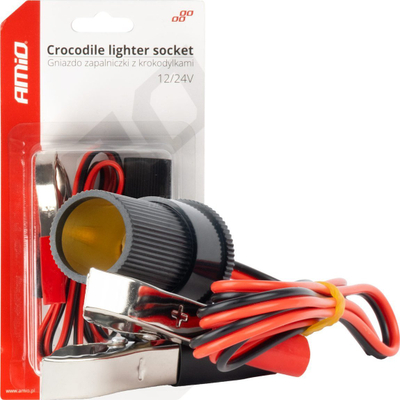 Adapter me krokodilë AMiO, prizë çakmaku 12V 24V, kabllo 100cm, i zi