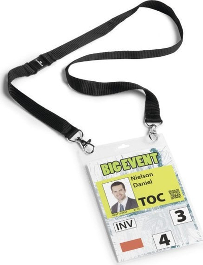 Badge qafe Durable Event Badge A6, me mbajtëse transparente, i zi