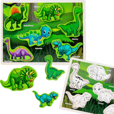 Puzzle druri Montessori, 12 copa, dinozaurë, me shumë ngjyra