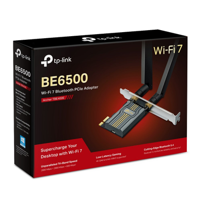 Adapter WiFi TP-Link Archer TBE400E, BE6500, WiFi 7 me Bluetooth, PCIe, ngjyrë e zezë