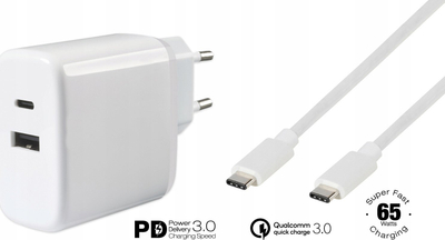 Karikues muri Vivanco 65W, GaN, 2 porta USB, me kabllo USB C, i bardhë