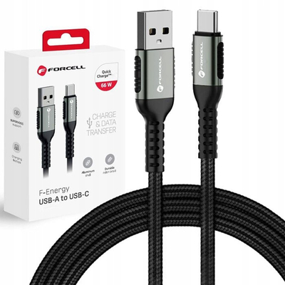 Kabllo USB Forcell F-ENERGY C256, USB A në USB C, 0.25m, 66W, e zezë