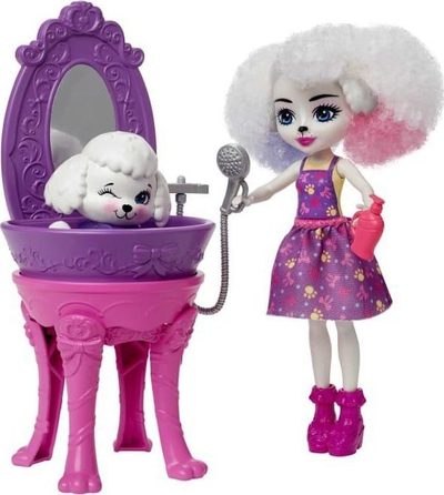 Set lojërash Mattel Enchantimals Poodle Beauty Salon HHC20, 15 pjesë, me efekt ndryshimi ngjyre, shumëngjyrësh
