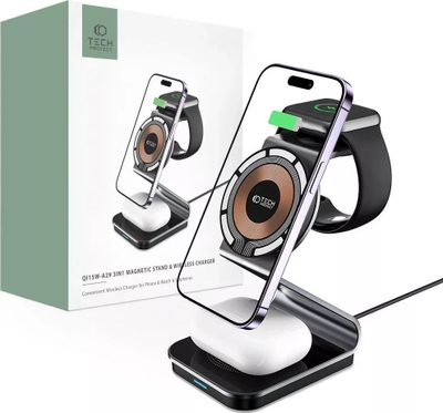 Безжичен полнач 3n1 MagSafe Qi, 15W, за iPhone Apple Watch AirPods, бел