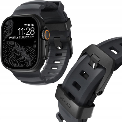 Ремче за рака за Apple Watch Nomad Rocky Point Band, 46mm 49mm, FKM флуороеластомер, боја Storm со црни аксесоари