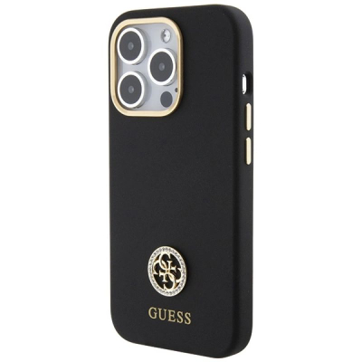 Kapak telefoni Guess Liquid Silicone 4G, për iPhone 15 Pro Max, me logo metalike, i zi