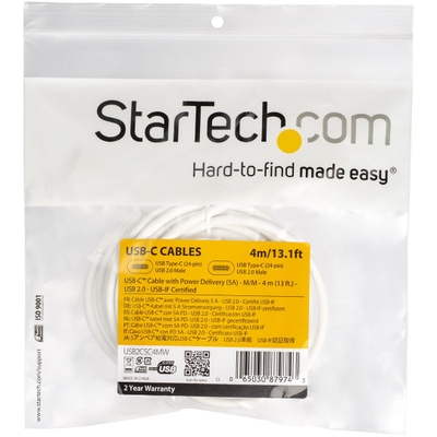 Kabllo StarTech.com USB-C në USB-C, 5A PD, 4 m, USB 2.0, e bardhë