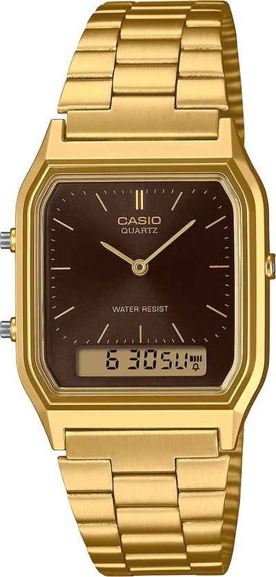 Ora dore Casio Duo Square Case, kronometër, alarm, ari kafe