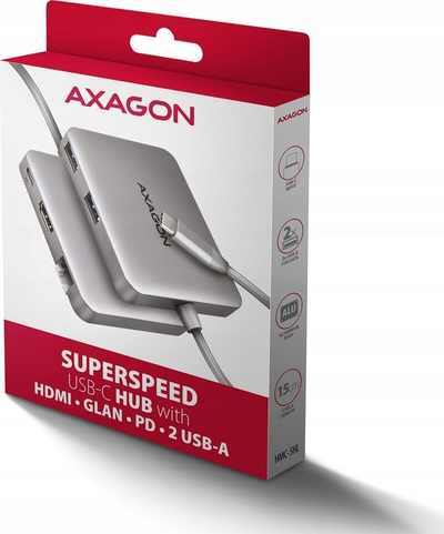 Hub USB Axagon HMC-5HL, 2x USB A, HDMI 4K, GLAN, USB 3.2 Gen 1, PD 100W, gri