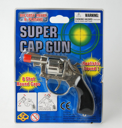 Pistole lodër Super Cap Gun, me kapsolla rrethore 8-shot, metal edhe plastikë, ngjyrë argjendtë me të zezë