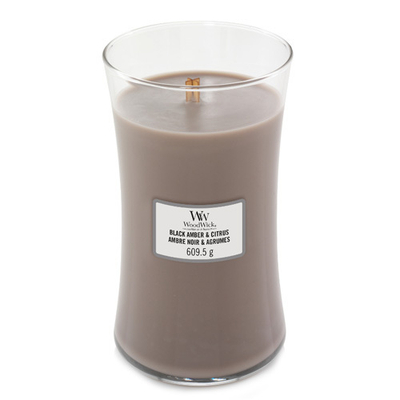 Qiri aromatik WoodWick Black Amber & Citrus, 609 g