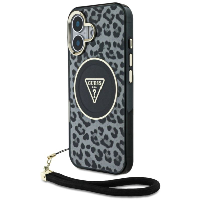 Keis telefoni Guess Leopard Triangle Cord Strap për iPhone 16, MagSafe, me rrip dore, i zi