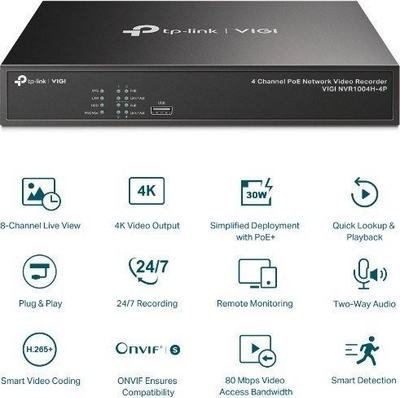 Video regjistrues rrjeti TP-Link VIGI NVR1004H-4P, 4 kanale, PoE+, 4K, i zi
