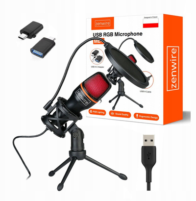 Mikrofon studio kondensator Zenwire ME4, USB C USB 3.0, me drita RGB