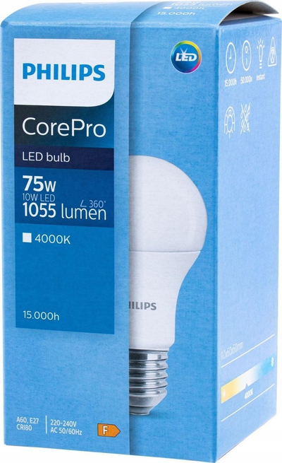 Llambë LED Philips CorePro A60, E27, 10W 4000K, dritë e bardhë neutrale