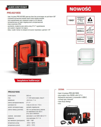 Lazer kryq profesional Pro AQ180G L1-203, lazer jeshil, vetë nivelues