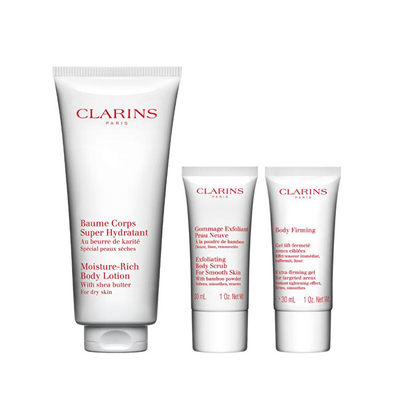 Set Clarins Moisture-Rich Losion trupi 200 ml + Skrab trupi 30 ml + Xhel trupi 30 ml + Çantë kozmetike