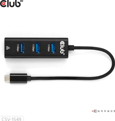 Hub USB Club 3D USB C 3.2 Gen1, 3 porta USB A, Gigabit Ethernet, gri
