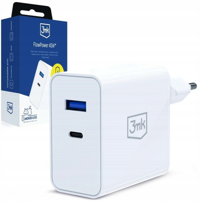 Karikuesi 3mk FlowPower 45W, USB-C, USB-A, PD 3.0, QC 4+, i bardhë