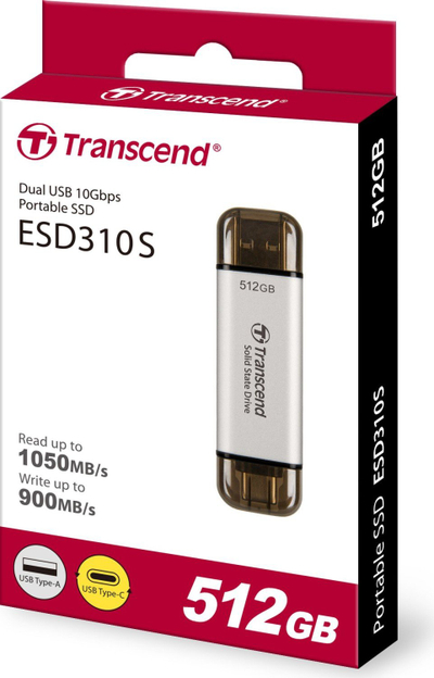 SSD i jashtëm Transcend ESD310S, 512GB, USB Type C edhe Type A, ngjyrë argjendi