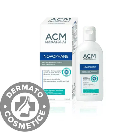 Shampo qetësuese ACM Novophane për lëkurë koke të ndjeshme, 200 ml, e bardhë