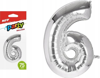 Balon dekorativ MFP Party, numri 6, folje, 75 cm, argjendtë