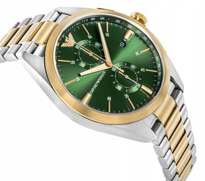 Orë burrash Emporio Armani kronograf, çelik inox dyngjyrësh, 43mm, ar me argjend
