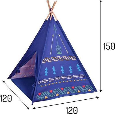 Çadër loje për kalamaj ECOTOYS Teepee 8179, strukturë druri, me dritare, blu me dizajn