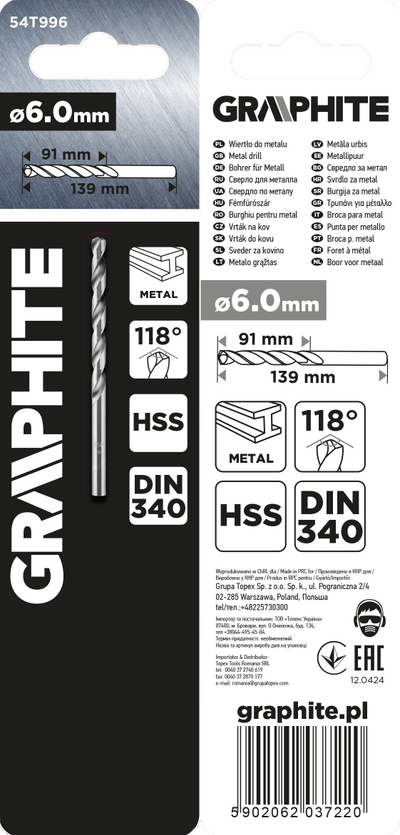 Spiral metalik GRAPHITE HSS DIN 340, 6 mm, i gjatë