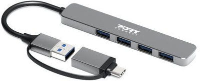 Хаб Port Designs 900161, 4 USB 3.0 порти, со USB C адаптер, сребрен