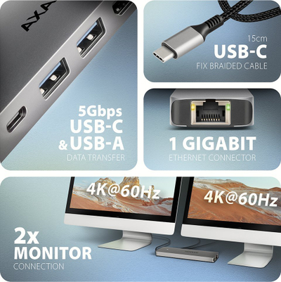USB hub AXAGON HMC-7HX2, 2x USB-A, 2x HDMI 4K, Power Delivery 100 W, ngjyrë argjendtë