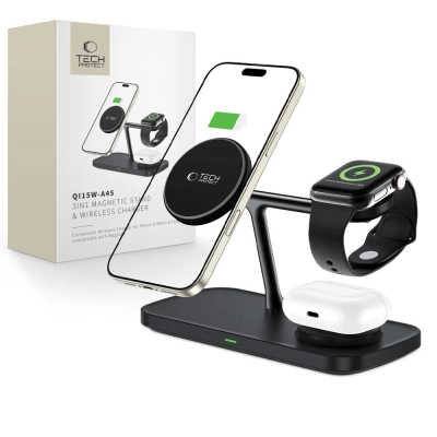 Karikues wireless 3‑në‑1 Tech-Protect QI15W-A45, MagSafe, 15W, i zi