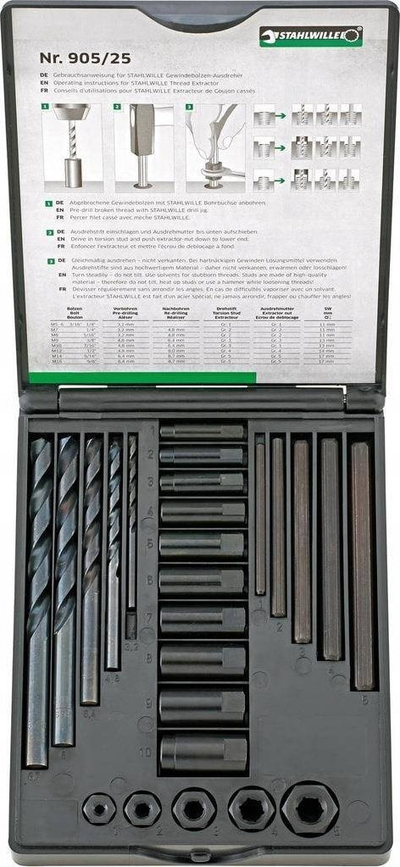 Set nxjerrësash për vidhat e çara Stahlwille M5 M16, 25 pjesë, në kuti plastike, i zi