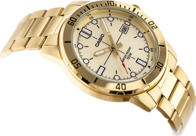 Orë burrash Casio MTP-VD01G-9EVUDF, 50m bo vaki me u lag, çelik inox gold, me unazë ngjyrë shampanje