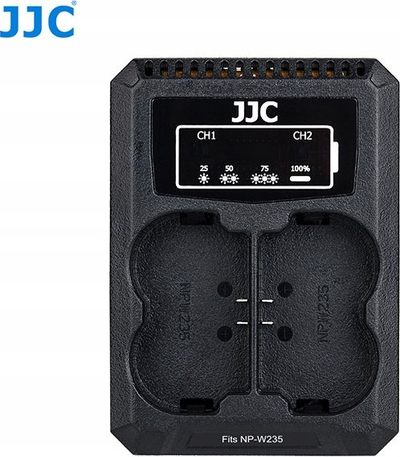 Karikues dyshe JJC Dual USB për bateri Fujifilm NP-W235, me drita LED treguese, i zi