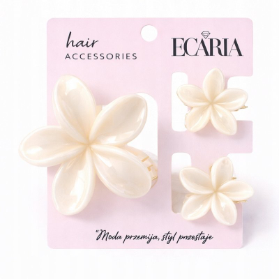 Set kapëse flokësh eCarla SP442, 3 në 1, lule XL dhe 2 mini, krem