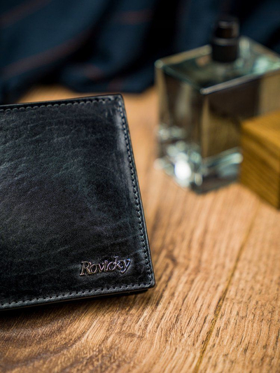 Portofol meshkujsh Rovicky, lëkurë natyrale, RFID Protect, i zi