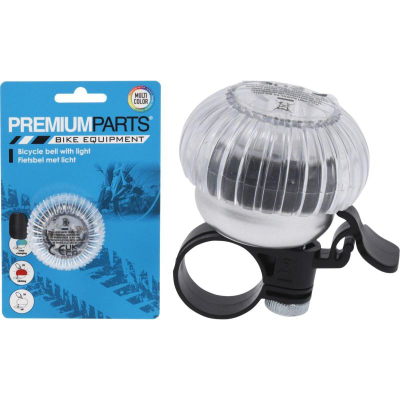 Kambanë biçiklete Premium Parts, me dritë LED me shumë ngjyra, 6x6x4.8 cm, transparente