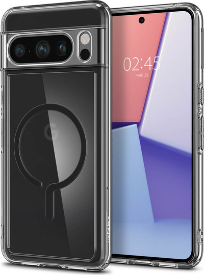 Këllëf telefoni Spigen Ultra Hybrid OneTap Metal Ring MagSafe për Google Pixel 8 Pro, transparent, i zi