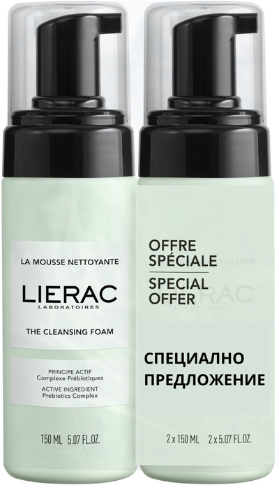 Shkumë pastruese fytyre Lierac Cleansing Foam, heqës grimi, 2x150ml