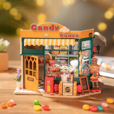 Set DIY shpi lodrash Robotime Rolife Rainbow Candy House, miniaturë, me LED, shumëngjyrëshe